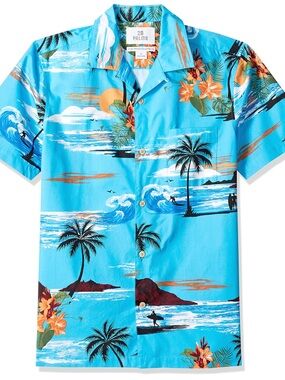 28 Palms Blue Hawaiian Aloha Tropical Beach Waves Surfer Print Button Down Top M